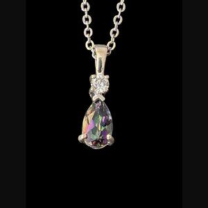 925 Sterling Silver Watermelon Quartz And CZ 18mm Pendant 17.5" Chain Necklace